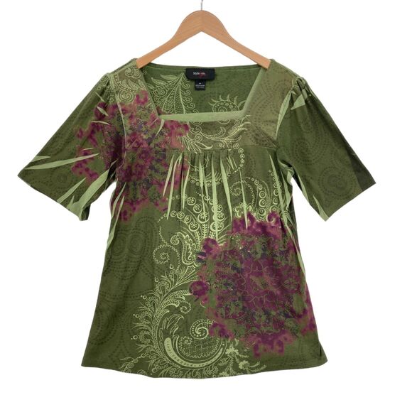 Style&co. Blouse Top Womens Medium Green Purple Floral Knit Square Neck Pullover - Picture 1 of 13